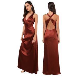NWOT Lulus Purely Elegant Rust Brown Satin Twist-Back Maxi Dress Size XLarge